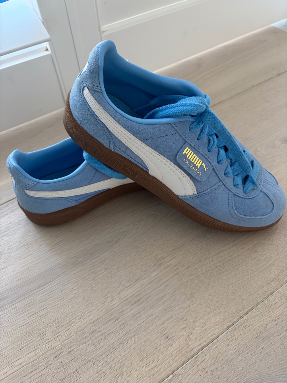 Puma Pale Blue Suede Sneakers with White Formstrip and Gum Sole
